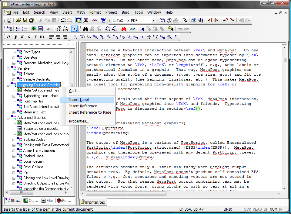 TeXnicCenter interface showing the navigator panel, LaTeX editor, and document structure